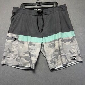 Pelagic Mens Gray Camo Board Shorts Fishing Swim Trunks Size 38 Repreve Stretch